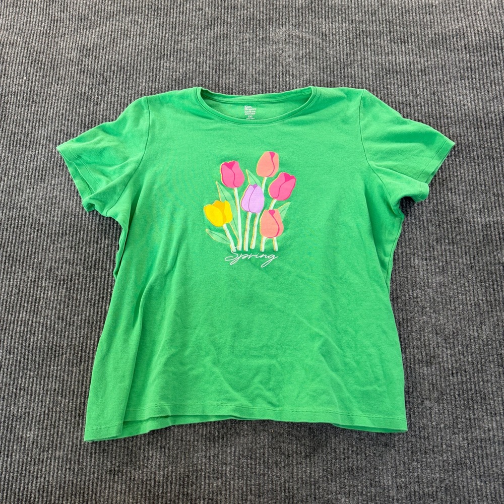Kim Rogers Womens Perfectly Soft Graphic T Shirt XXL Green Floral Tulip Cotton